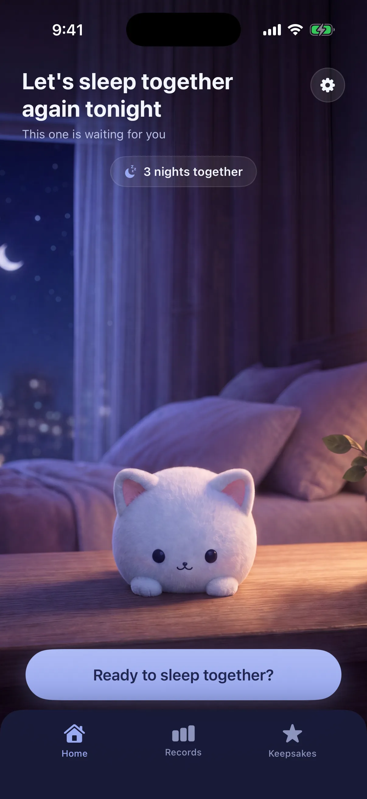 Somi sits awake on a nightstand at night, beside a "Let's sleep together again tonight" headline, a three-nights-together chip, and a three-tab bar.