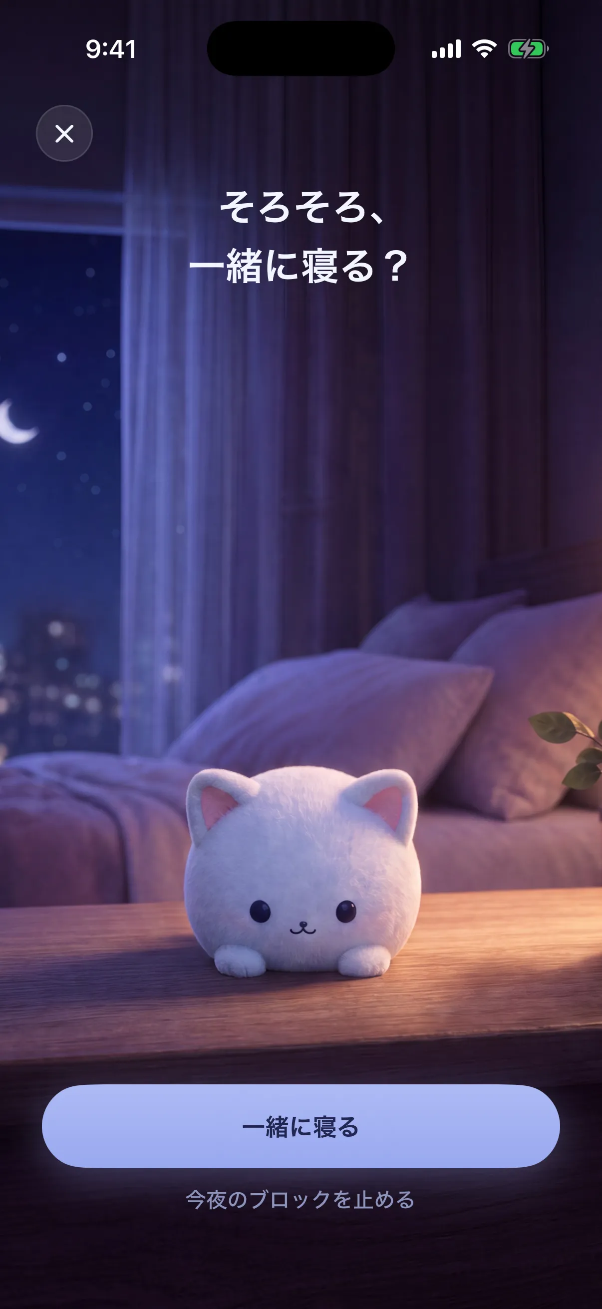 「そろそろ、一緒に眠る?」という問いかけと、眠るボタン・今夜の遮断を止めるリンクの横で Somi が待っている。