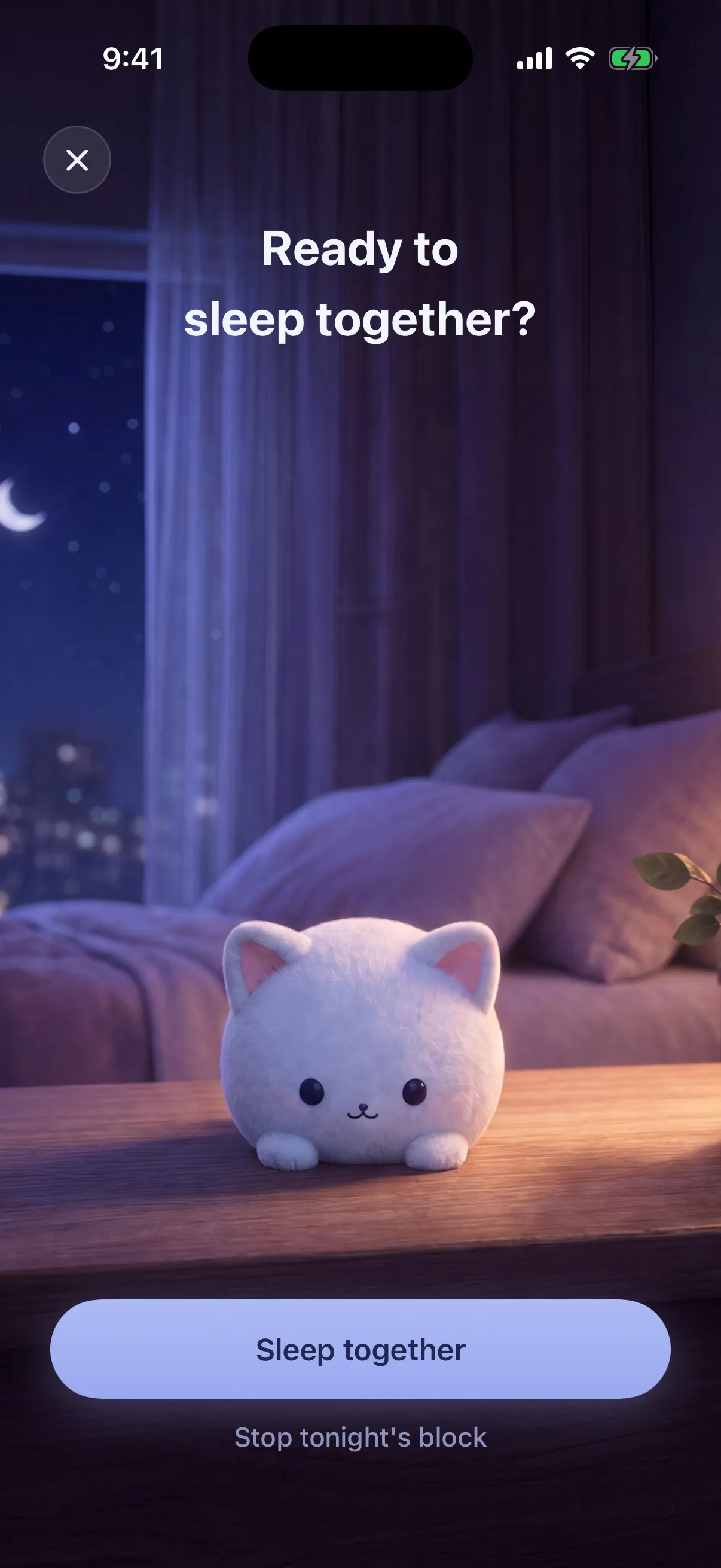 Somi waits on the nightstand as the app asks "Ready to sleep together?", with buttons to start sleeping or stop tonight's block.