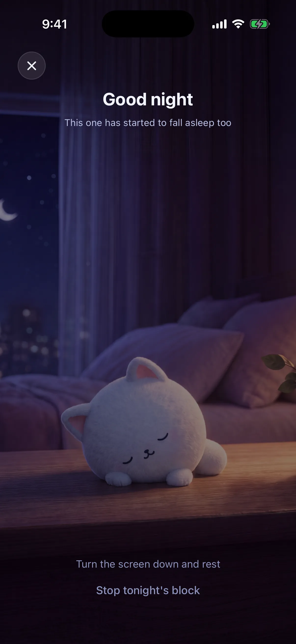 Somi is curled up asleep on the nightstand under a "Good night" message.