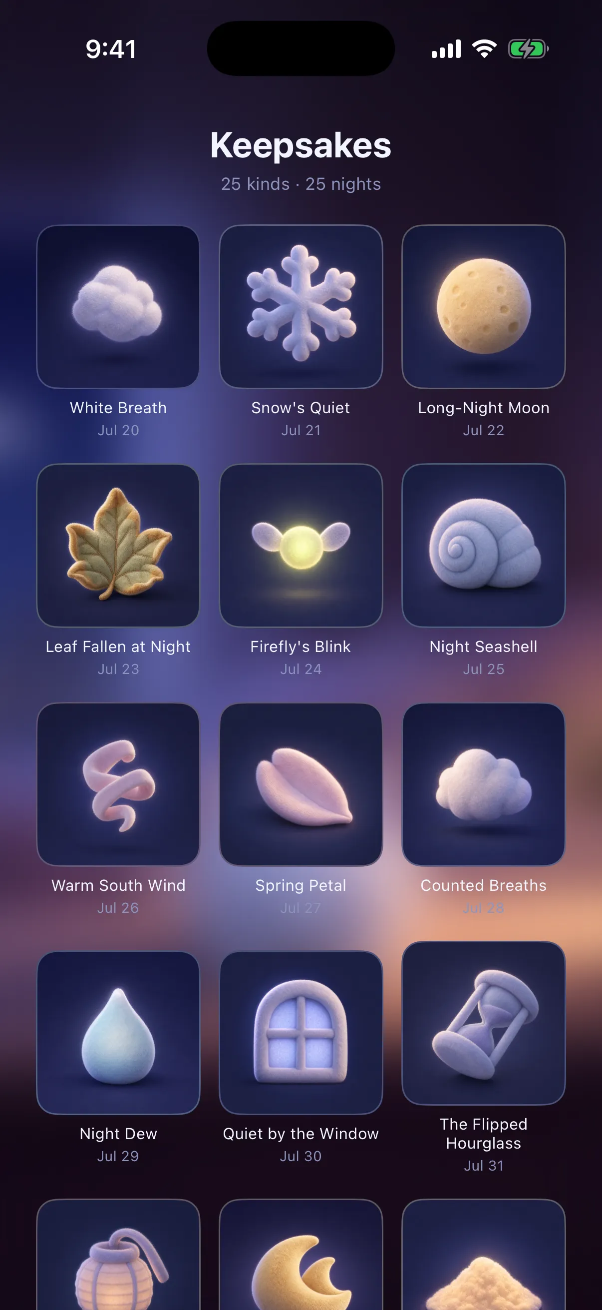 A grid of named dream keepsakes — a snowflake, a moon, a leaf, and more — with a count of 25 kinds collected.
