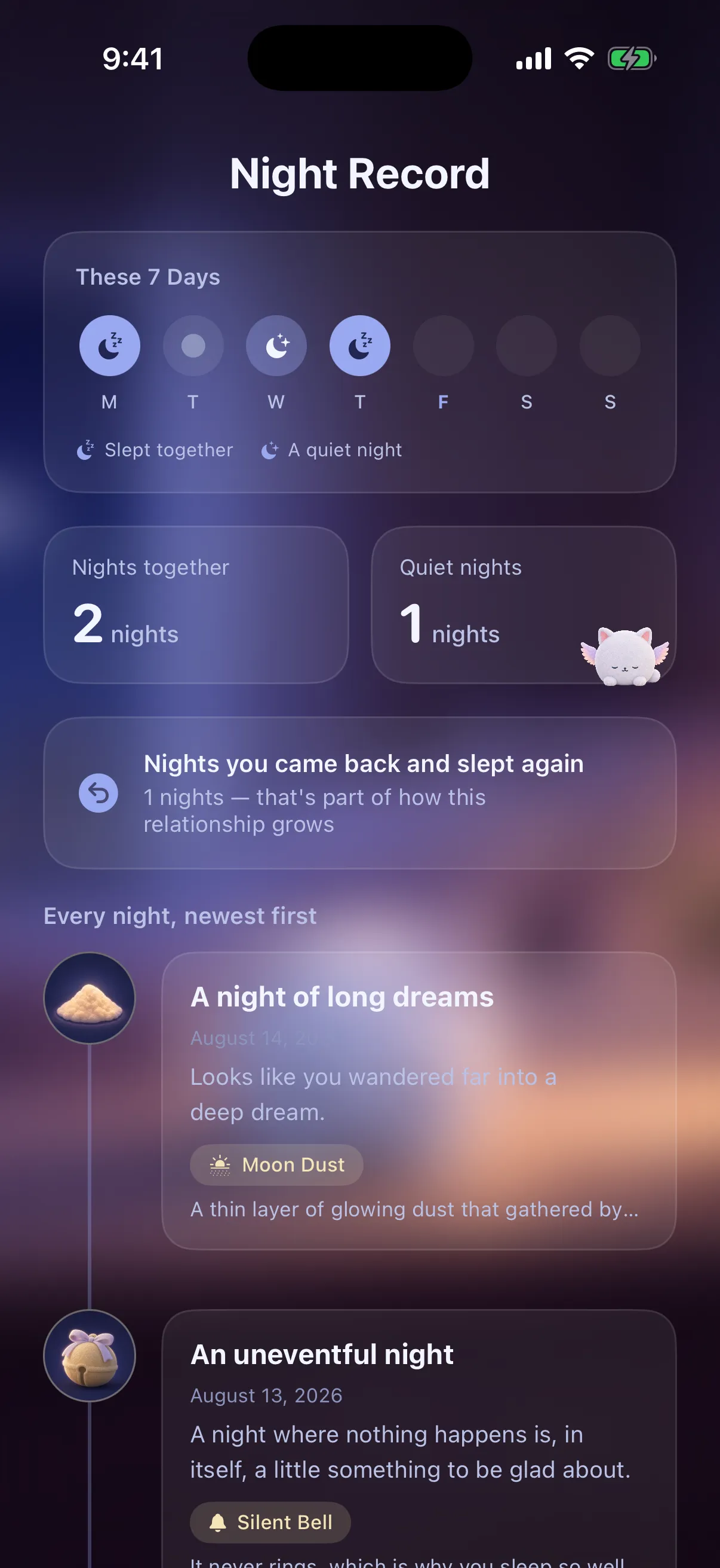 A night record screen: a seven-day strip, counts of nights slept together, and a chronological list of nightly entries with their keepsakes.